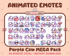 Purple Cow animated Twitch emote mega pack GIF preview showing all 50 emote animations.