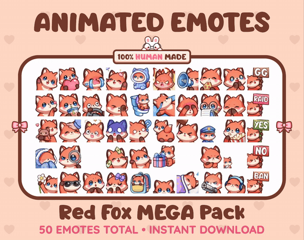 Red Fox animated Twitch emote mega pack GIF preview showing all 50 emote animations.