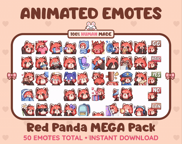 Red Panda animated Twitch emote mega pack GIF preview showing all 50 emote animations.