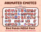 Red Panda animated Twitch emote mega pack GIF preview showing all 50 emote animations.