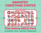 Pink Bunny Christmas animated Twitch emote mega pack GIF preview showing all 32 emote animations.