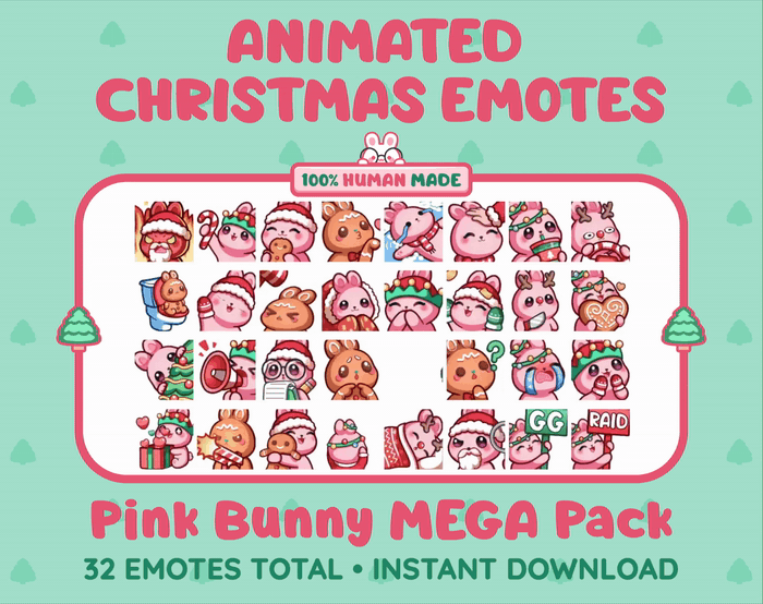 Pink Bunny Christmas animated Twitch emote mega pack GIF preview showing all 32 emote animations.
