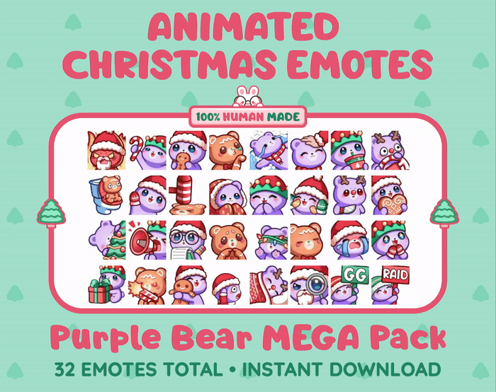 Purple Bear Christmas animated Twitch emote mega pack GIF preview showing all 32 emote animations.