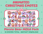 Purple Bear Christmas animated Twitch emote mega pack GIF preview showing all 32 emote animations.