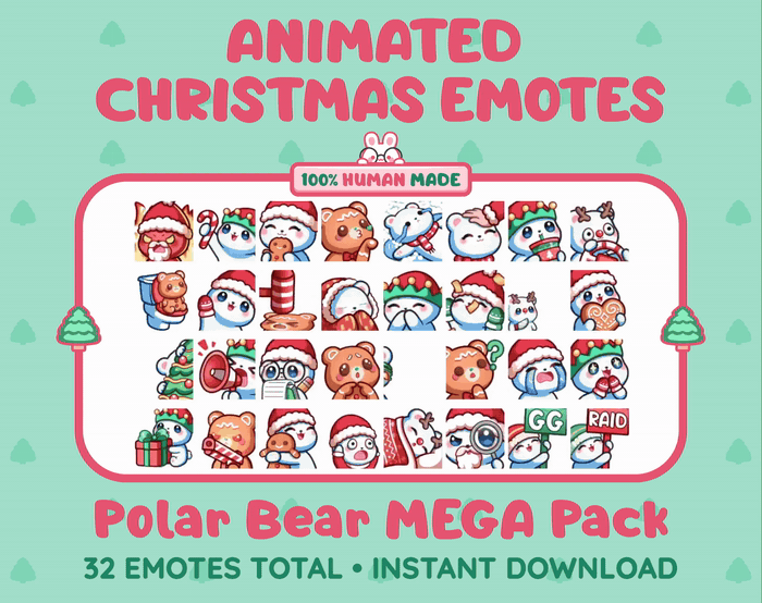 Polar Bear Christmas animated Twitch emote mega pack GIF preview showing all 32 emote animations.