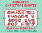 Pink Cow Christmas animated Twitch emote mega pack GIF preview showing all 32 emote animations.