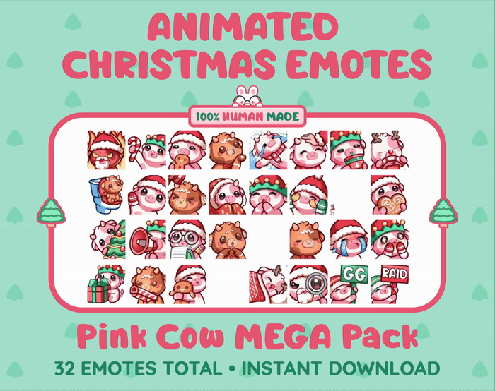 Pink Cow Christmas animated Twitch emote mega pack GIF preview showing all 32 emote animations.