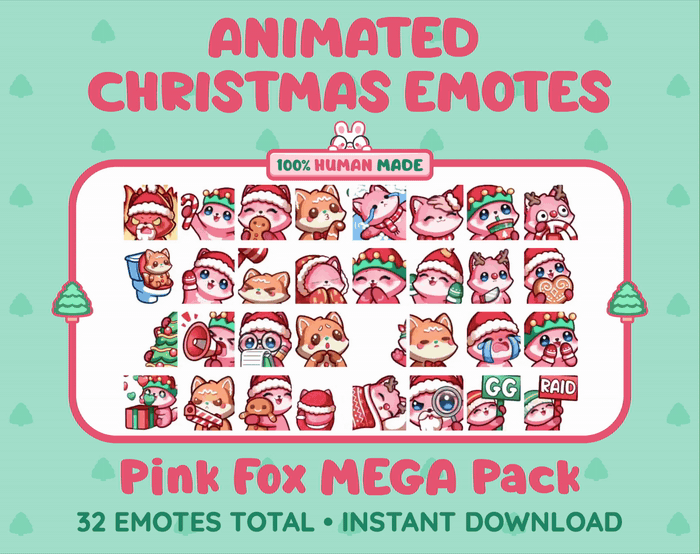 Pink Fox Christmas animated Twitch emote mega pack GIF preview showing all 32 emote animations.