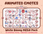 White Bunny animated Twitch emote mega pack GIF preview showing all 50 emote animations.