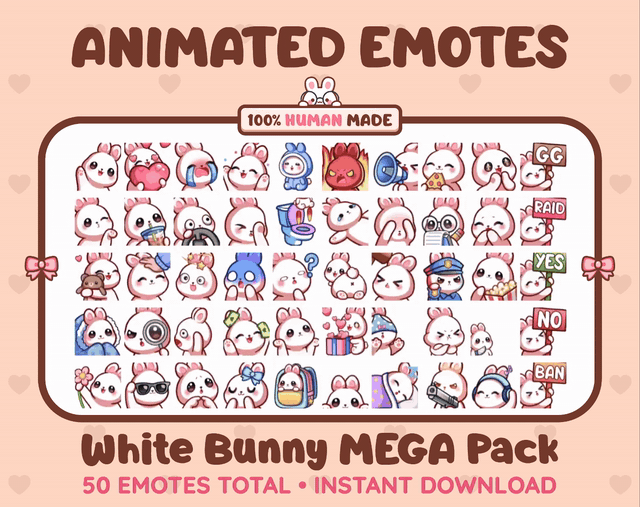 White Bunny animated Twitch emote mega pack GIF preview showing all 50 emote animations.
