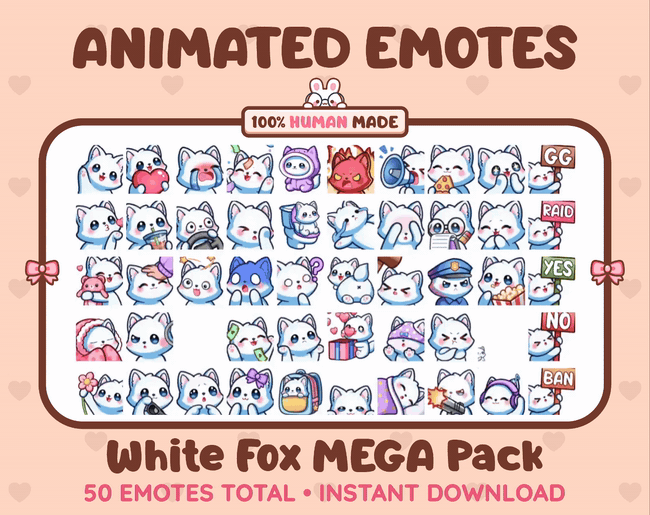 White Fox animated Twitch emote mega pack GIF preview showing all 50 emote animations.