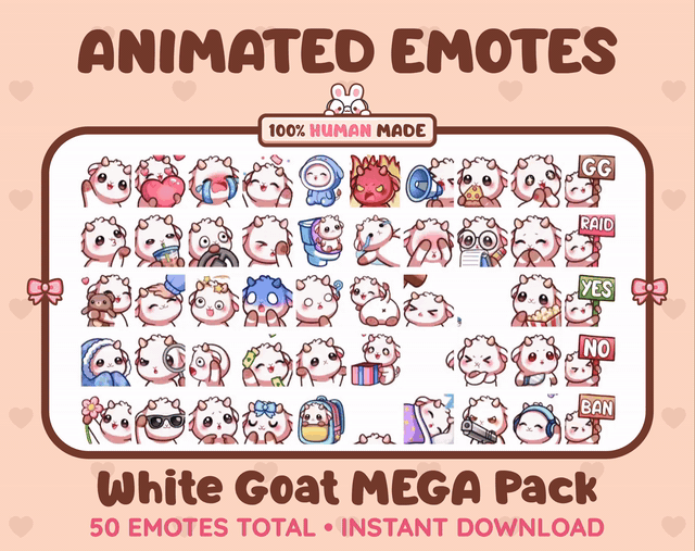 White Goat animated Twitch emote mega pack GIF preview showing all 50 emote animations.