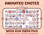 White Goat animated Twitch emote mega pack GIF preview showing all 50 emote animations.