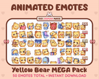 Yellow Bear animated Twitch emote mega pack GIF preview showing all 50 emote animations.